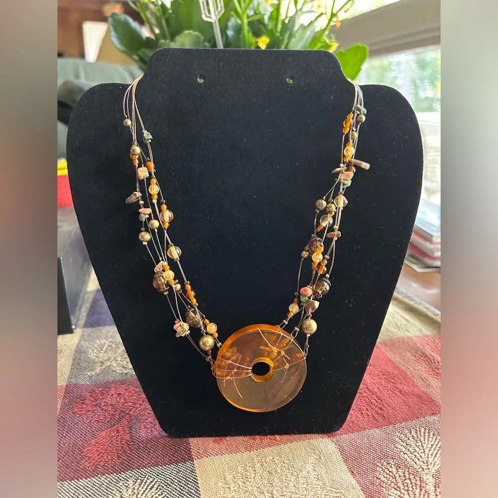 Vintage You & I Orange Beaded Necklace Costume Jewelry Large Circle Pendant
